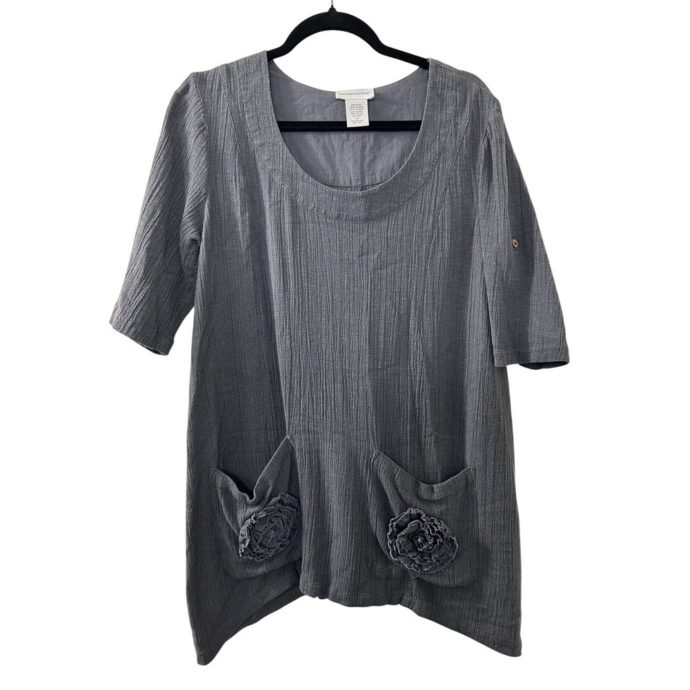Soft Surroundings Crinkle Gauze Tunic‎ XS Gray Rosette Pocket Boho Lagenlook